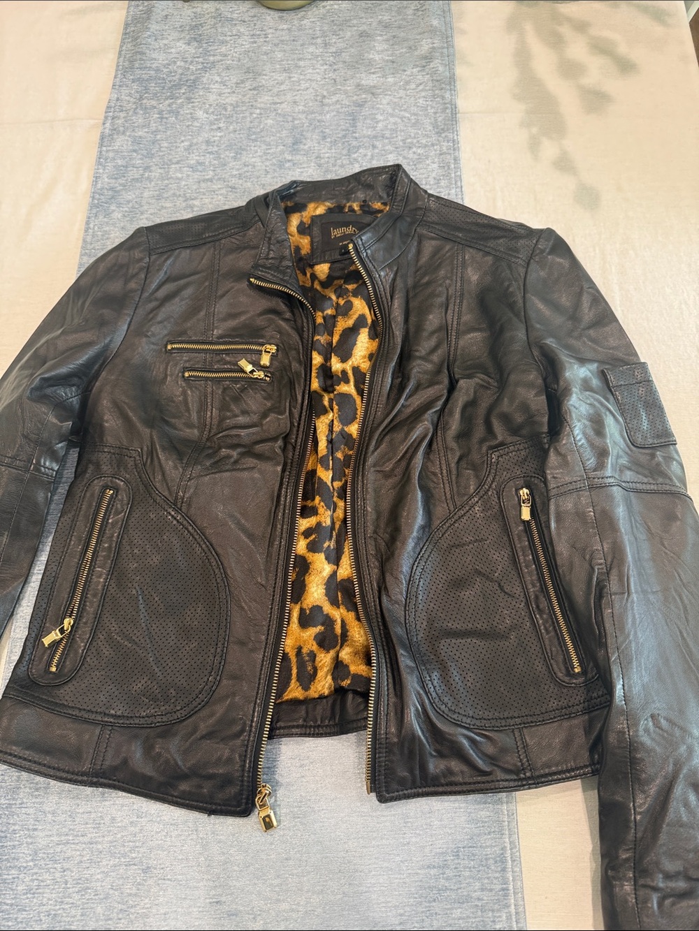 Laundry- Leather Moto Jacket with Leopard Print Lining - Black